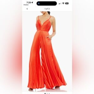 Mac Duggal Vibrant Orange Pleated Jumpsuit